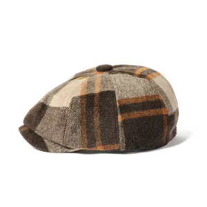 Classic retro plaid newsboy cap in brown and orange wool blend for autumn and winter