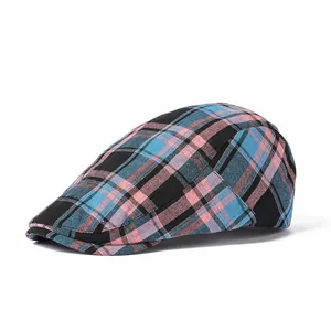 Classic blue and pink plaid flat cap for men and women, minimalist summer sun protection hat