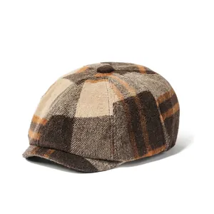 Vintage British Style Plaid Newsboy Cap For Men Women Winter Warm Cotton Blend Checkered Beret Octagonal Hat Travel Daily Flat Cap