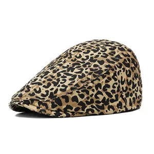 Women's 100% Cotton Leopard Print Ivy Cap Vintage Fashion Flat Hat For Students All Season Short Brim Peaked Cap