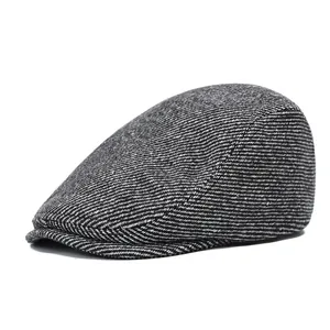 Classic herringbone wool newsboy cap for men in grey, stylish winter duckbill ivy hat