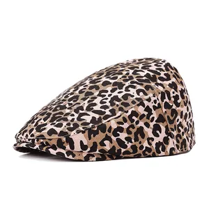 Stylish cotton leopard print flat cap featuring a retro newsboy style and animal pattern