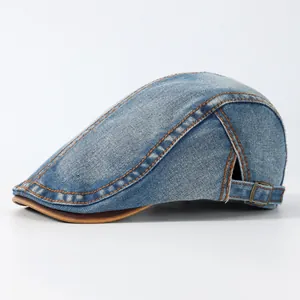 Vintage blauwe denim baret met contraststiksel en lederen rand voor heren en dames