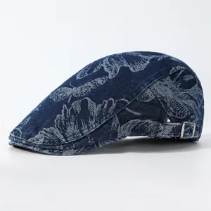 Vintage Denim Schiebermütze in Blau mit weißem Blumenmuster und verstellbarer Schnalle