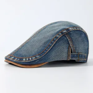 Vintage Gewassen Denim Ivy-pet Voor Heren Dames Verstelbare Metalen Gesp Platte Baskenmütze Met Leren Rand Contraststiksel