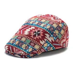 Vintage Ethnic Geometric Pattern Newsboy Cap For Men Women Adjustable Breathable Polyester Cotton Woven Beret Sun Hat