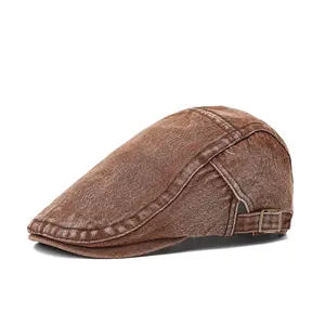 Vintage dark brown washed denim beret with side metal adjustment buckle for unisex