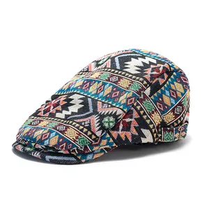 Ethnic bohemian style jacquard beret with geometric patterns and metal buckle