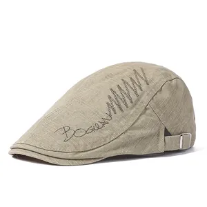 Classic cotton khaki flat cap for men featuring embroidery and adjustable metal buckle