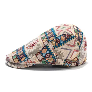 Detail view of ethnic geometric pattern and metal buckle on retro beret hat