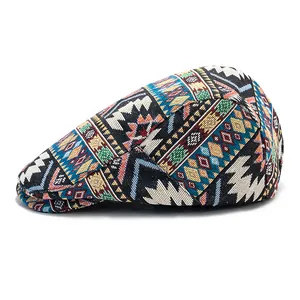 Retro geometric jacquard flat cap with bohemian woven texture and vintage pattern