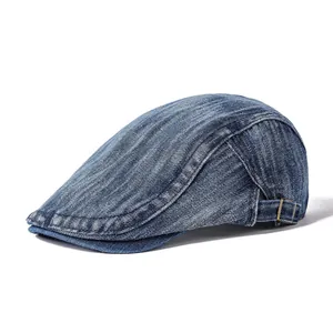 Vintage blue washed denim newsboy cap for women with adjustable metal buckle on back