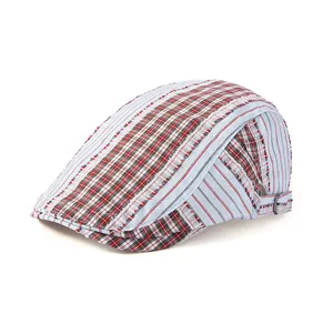Vintage Βαμβακερό Καπέλο Newsboy Γυναικείο Patchwork με Καρό και Ρίγες Επίπεδο Καπέλο Βρετανικού Στυλ Μπερές Ρυθμιζόμενο Distressed