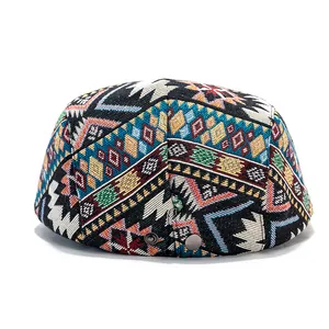 Retro multi-color geometric newsboy hat with ethnic woven pattern and metal buckle detail