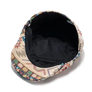 Detailed close-up of ethnic jacquard beret interior with black lining and care label