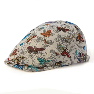 Close-up of butterfly jacquard fabric and metal buckle on retro ivy cap for women