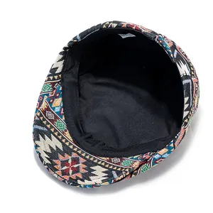 Detailed macro view of bohemian geometric woven fabric pattern and inner lining of the hat