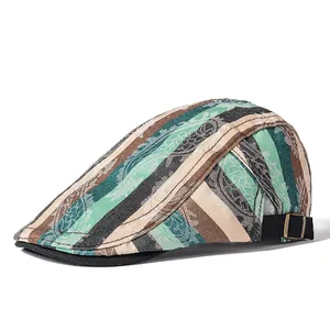 Retro striped beret hat with paisley patterns and adjustable metal buckle