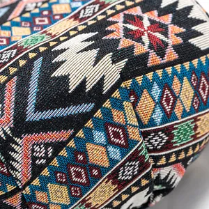 Detailed macro view of retro woven beret fabric with ethnic geometric textures