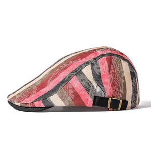 British style striped beret hat with vintage paisley jacquard and adjustable buckle
