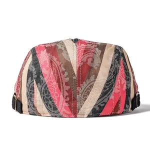 Macro detail of retro jacquard beret with colorful stripes and metallic side buckle