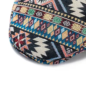 Close-up of geometric woven fabric texture and colorful jacquard pattern on a retro beret