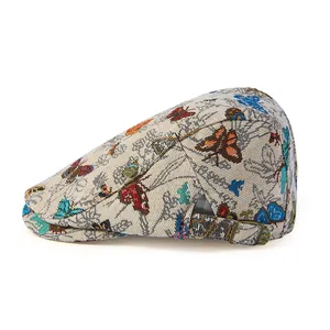 Vintage jacquard newsboy hat with colorful butterfly embroidery and metal buckle