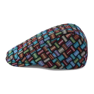 Béret casquette rétro à carreaux multicolores avec motif tissé pour un style décontracté