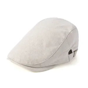 Retro linen-like beret for women with herringbone texture and bronze side buckle