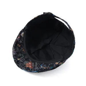 Detailed macro view of embroidered jacquard patterns and inner lining on the beret