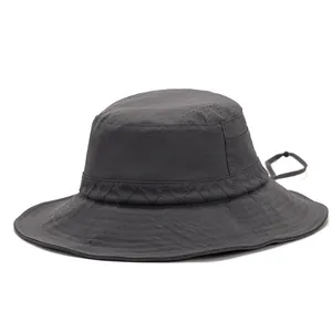 Unisex dark grey wide brim sun hat with breathable mesh holes and chin strap