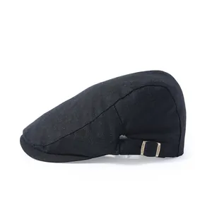Vintage black herringbone newsboy cap for women with adjustable side metal buckle detail