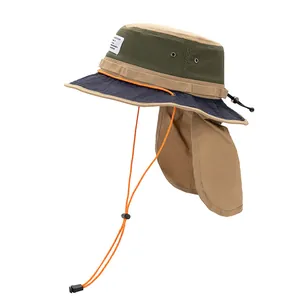 Waterproof outdoor hiking hat with neck protection flap and adjustable orange drawstring