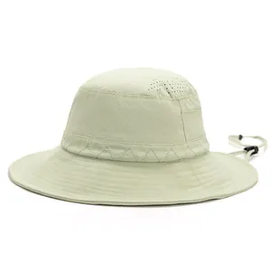 Outdoor light green sun hat with wide brim, breathable mesh and windproof strap for sun protection