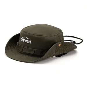 Outdoor olive green sun hat with embroidered mountain logo and adjustable wind strap