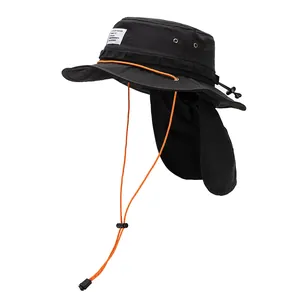 Waterproof outdoor sun hat with neck protection and breathable mesh in black