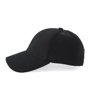 Close-up of black breathable mesh baseball cap with side ventilation holes for airflow