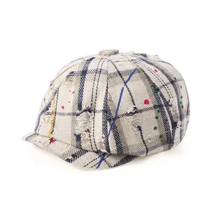 Casquette Gavroche Vintage Plaid Effet Vieilli Femme Coton Graffiti Éclaboussures Peinture Chapeau Octogonal Mode Streetwear