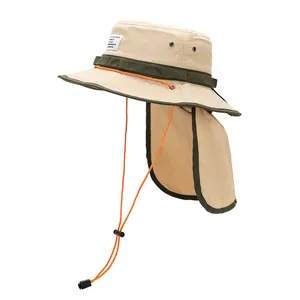 Outdoor waterproof sun hat with neck flap and orange drawstring for hiking and camping