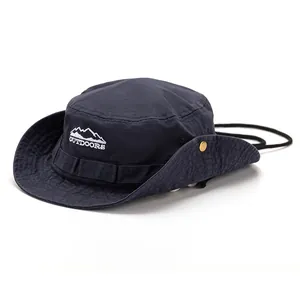 Outdoor navy blue bucket hat with mountain embroidery and adjustable strap for hiking