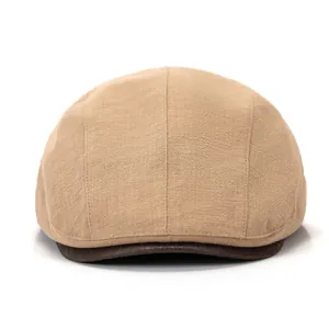 Berretto retrò britannico unisex in cotone kaki con visiera in pelle marrone scuro