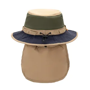 Detail view of quick-dry sun hat with neck flap and adjustable chin strap