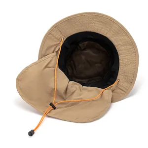 Detail of waterproof outdoor sun hat with neck protection flap and breathable mesh lining