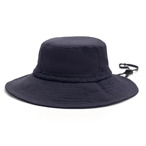 Navy blue outdoor sun hat with wide brim, mesh vents and adjustable chin strap