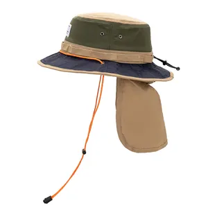Waterproof outdoor sun hat with neck flap and chin strap in khaki and navy color block