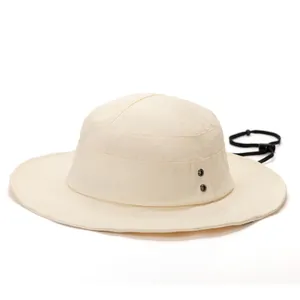 Beige wide brim sun hat with breathable vents and adjustable black wind cord