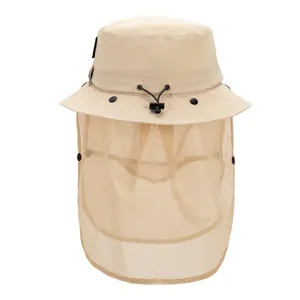 Sombrero de pesca unisex color caqui con ala ancha y malla protectora para cara y cuello
