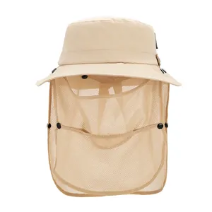 Sombrero de sol caqui para exterior con máscara de malla y protector de nuca