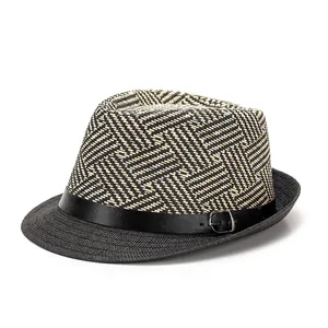 Retro-Strohhut im Karo-Design für Damen und Herren mit schwarzem Lederband und Schnalle