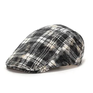 Classic British plaid flat cap for women with retro checkered pattern and textured fabric